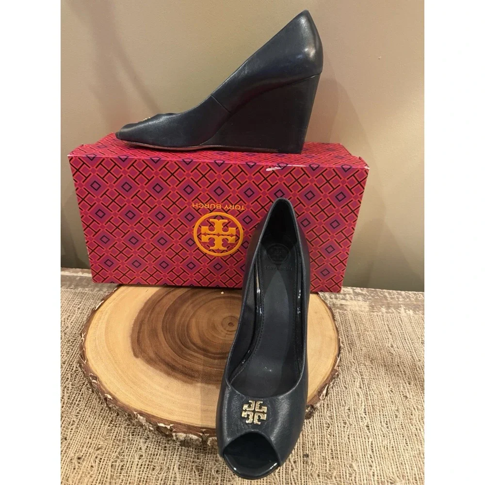 Tory Burch Jolie Peep Toe Wedge Pump Navy Blue Nappa Leather MRSP Sz-8 $290